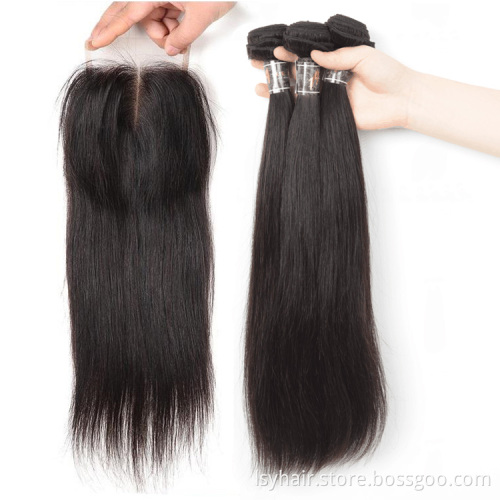 Lsy Malaysian Straight Hair Weave Bundles 100% Virgin Human Hair Extension, Natural Color 3 Bundles With Middle Part Closure